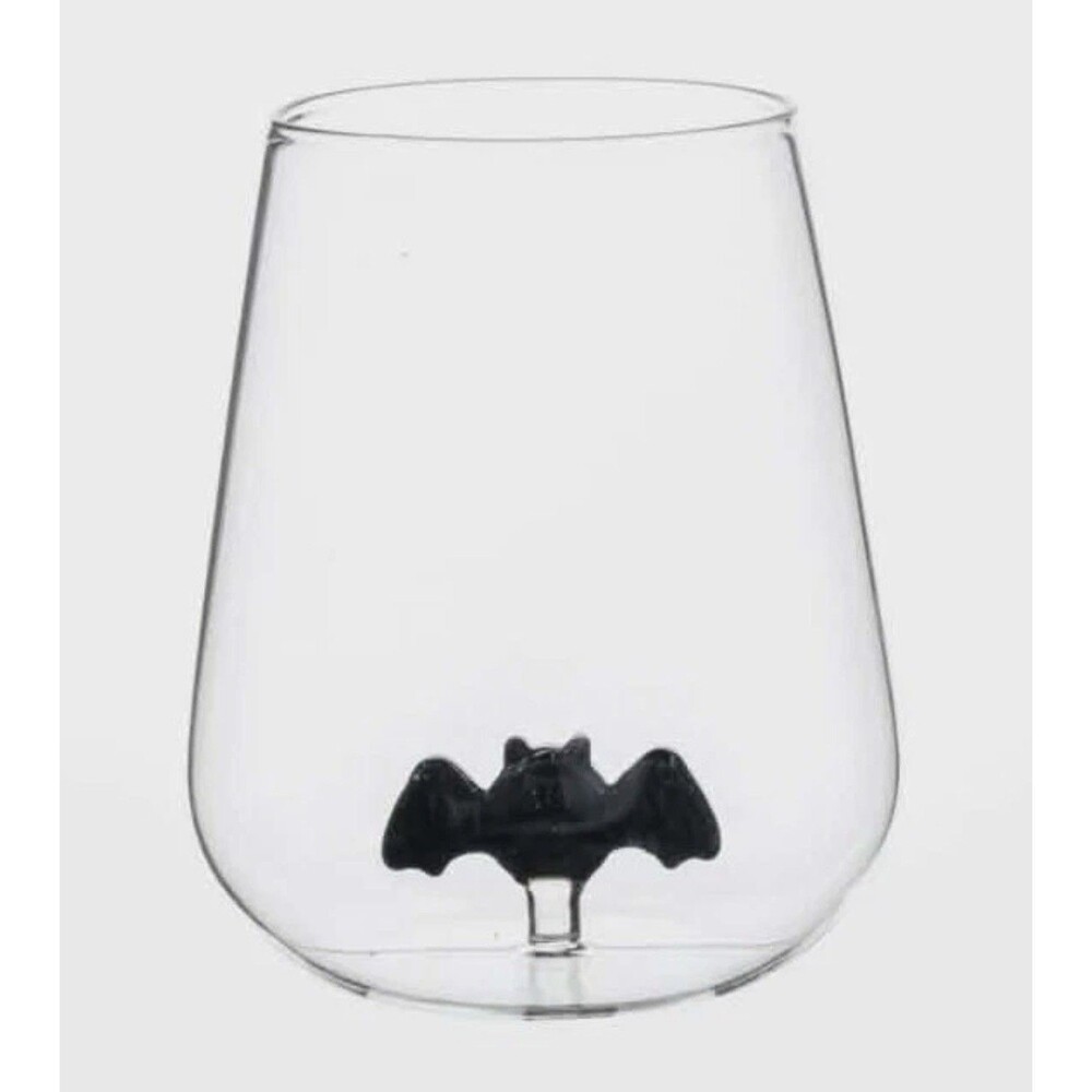 Black Bat Halloween. Stemless Wine Glass. 2 Piece Set 16.5oz NIB